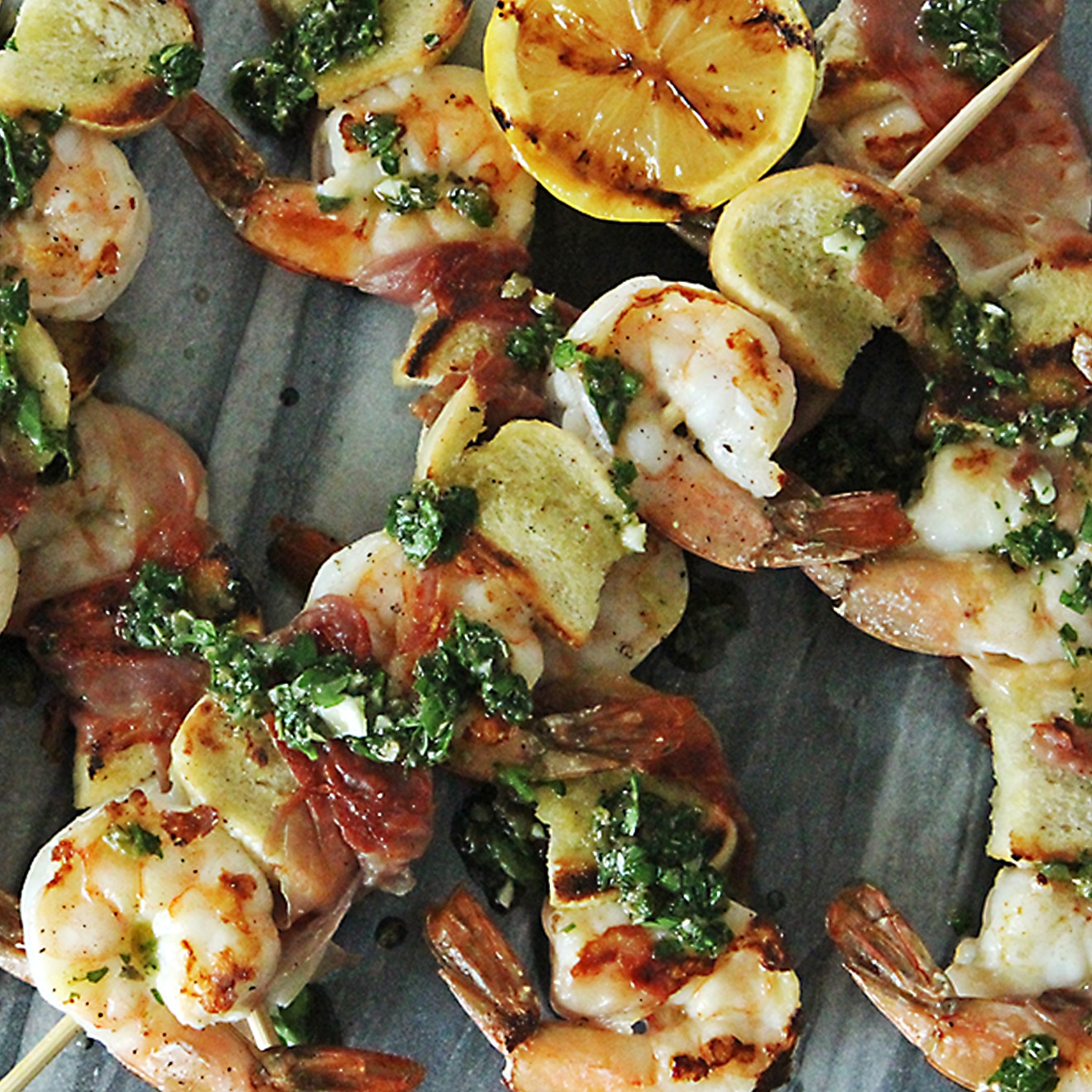 Prosciutto Wrapped Shrimp Skewers with Italian Salsa Verde