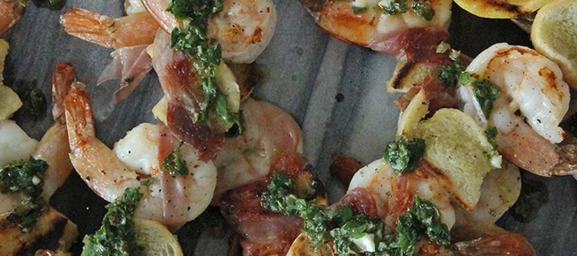 Prosciutto Wrapped Shrimp Skewers with Italian Salsa Verde