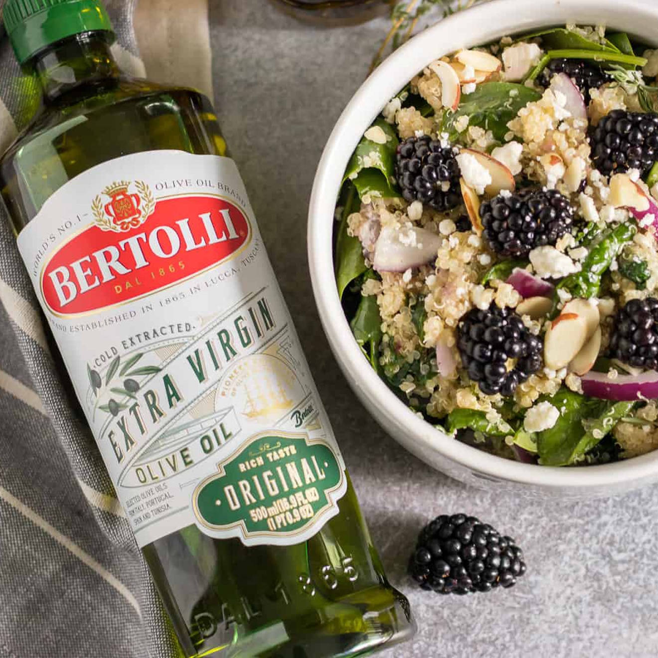 Blackberry Spinach Quinoa Salad with Blackberry Thyme Olive Oil